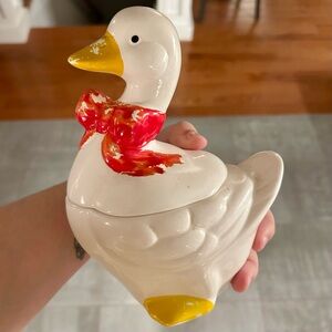 Charming Vintage Ceramic Duck Jar with Red Bow